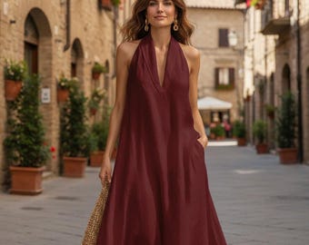 Wine Halter Neck Maxi Dress, Flowing Boho Chic Summer Linen Blend