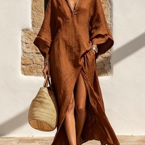 Soft Blend V-Neck Dress, Batwing Sleeve, Loose Fit Coastal Summer Maxi, Resort Wear Dress image 7