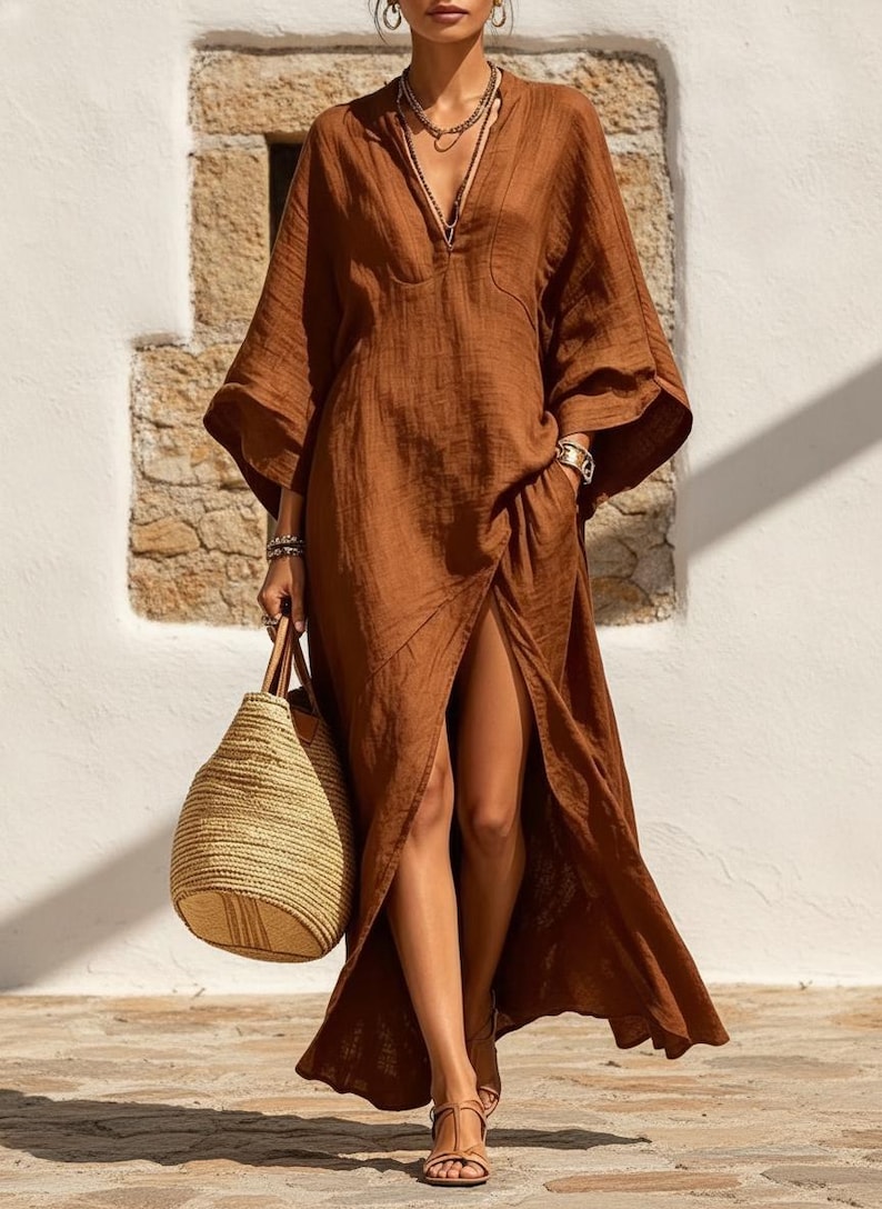 Soft Blend V-Neck Dress, Batwing Sleeve, Loose Fit Coastal Summer Maxi, Resort Wear Dress image 7