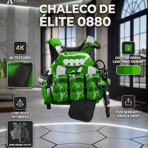 May include: A green and white tactical vest with lightning bolt designs, the text "CHALECO DE ÉLITE 0880" and "EDICIÓN LIMITADA" is visible. Features include 4K textures, low-poly optimization, and a Five-M ready design.