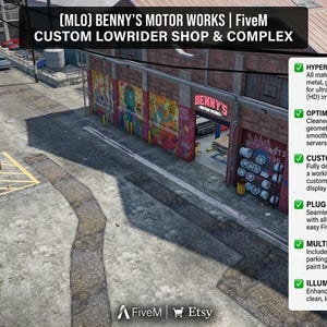 May include: An image of Benny's Motor Works, a custom lowrider shop and complex, with graffiti art and a neon sign. The image includes text describing features such as hyper-detailed textures and optimized performance. The shop has a detailed interior.