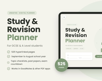 Op de afbeelding: Een digitale studie- en revisieplanner voor GCSE- en A-Level-studenten op een tabletscherm. De interface bevat de tekst Study and Revision Planner, een stapel boeken, een potplant en 525 pagina's met hyperlinks.