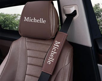 Aangepaste kunstleer hoes hoofdsteun auto, schoudervullingen veiligheidsgordel, gepersonaliseerde hoofdsteunbeschermer, gordelhouder, auto-accessoires