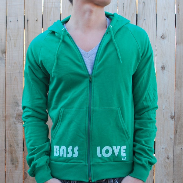 Bass Love print on American Apparel Kelly Green California Fleece Hoodie Small