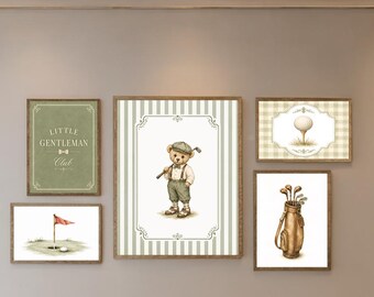Vintage Golf Nursery Wall Art Set, Teddy Bear Golf Prints, Little Gentleman Club Decor