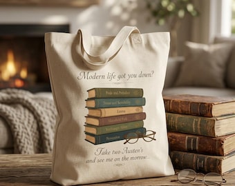 Jane Austen Tote Bag | Book Stack Canvas Bag | Pride and Prejudice Gift | Literary Tote | Book Lover Gift | Gift for Her | Bookish Bag