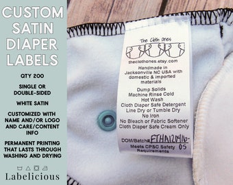 White satin diaper label - Custom Nappy label - Washing instructions - Care instructions -  CPSIA compliant - Clothing labels