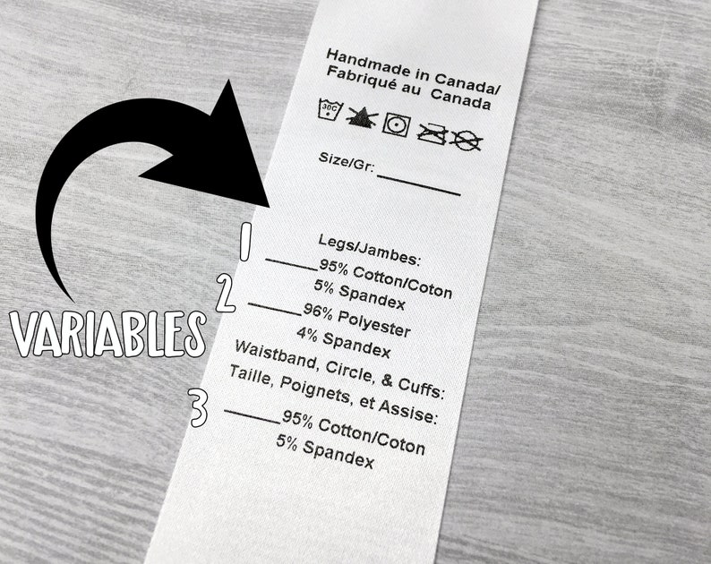 May include: A white fabric label with black text detailing the materials used in the garment. The label states "Handmade in Canada/Fabriqu&eacute; au Canada" and lists the fabric content as 95% cotton and 5% spandex for the legs and 96% polyester and 4% spandex for the waistband, circle, and cuffs.
