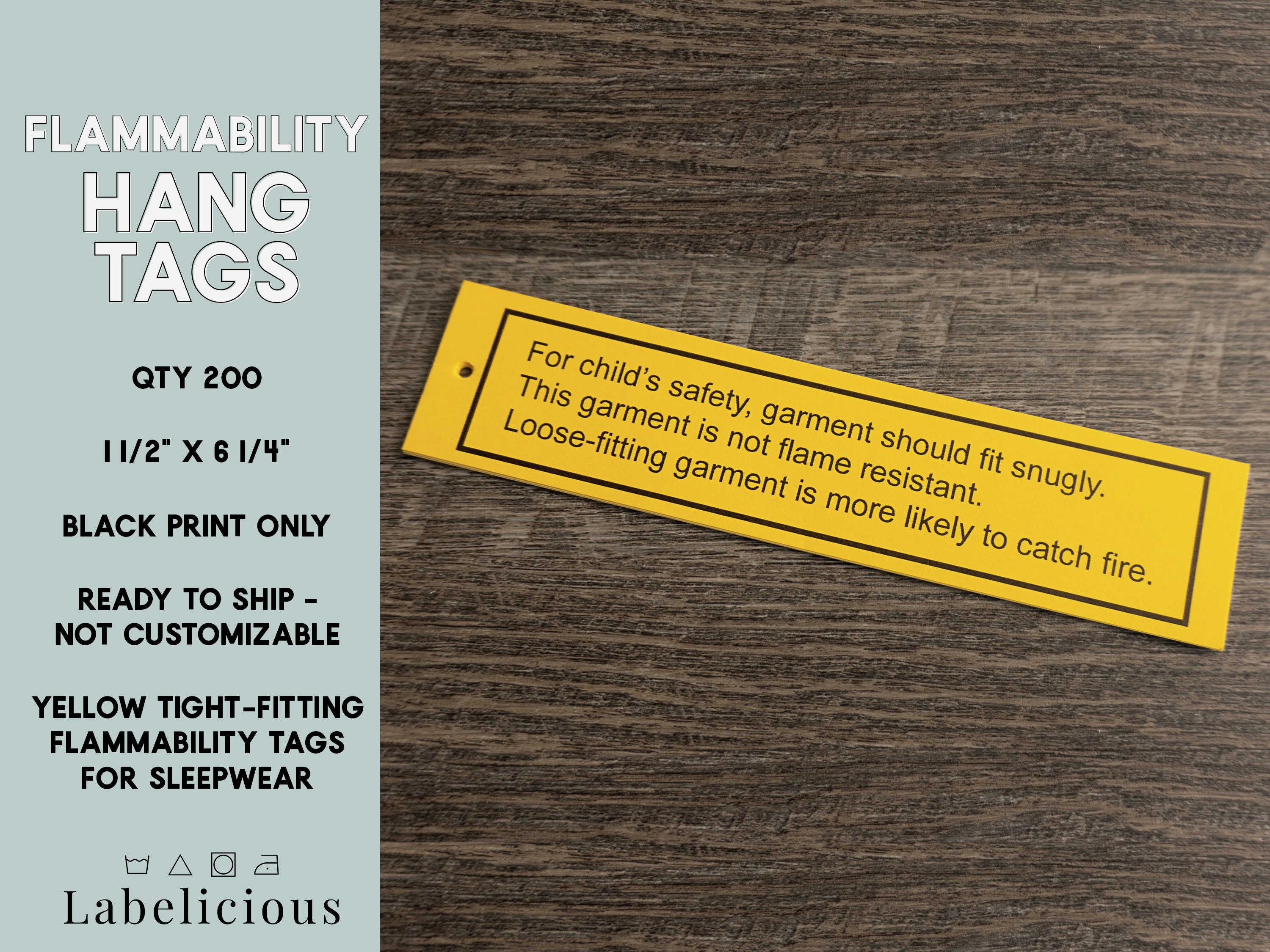Flammability Hang Tag - Warning labels - Yellow Flammability Tags - Tight-fitting Tags - Yellow Sleepwear Tags - Clothing labels