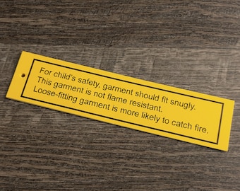 Flammability Hang Tag - Warning labels - Yellow Flammability Tags - Tight-fitting Tags - Yellow Sleepwear Tags - Clothing labels