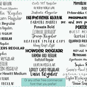 May include: A list of fonts in black text on a white background. The fonts are listed in alphabetical order and include Adventure Regular, Alex Brush Regular, Amelia Regular, Amstam Regular, Arctic Regular, Anjelika Regular, Besom 2 Regular, Bernier Regular, Bobbie Regular, Bonkers Regular, Bren Regular, Butch Regular, Cabana Regular, Canteen Regular, Cooper Hewitt Medium, Crackerjack Regular, Crispy Regular, Curlz Mi Regular, Curely Regular, Dakota Regular, Dreamcatcher Regular, Farmers Market, Fonesia Bold, Foxhole Regular, Fragyn Regular, Heather Small Caps, Honey Script Light, Howser Regular, Karmina Bold Regular, Kraftstoff Regular, Lilirun Regular, Loxley Caps Regular, Luna Regular, Mamabear Regular, Norse Bold, Pelmeshka Cyrillic, Phosphate Solid, Porter Bold, Quest Regular, Quirked Medium, Quirko Regular, Reba Regular, Refuge Medium, Retrosans Regular, SignPainter HouseScript, Sophia Regular, Susies's Hand Regular, Sylvia Regular, Taylor Mackenzie Reg, Variane Script Regular.