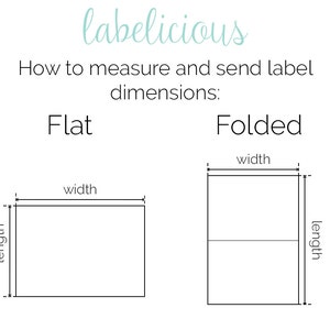 May include: Diagram showing how to measure the dimensions of a label when it is flat and folded. The flat label is measured by its length and width. The folded label is measured by its width and length.