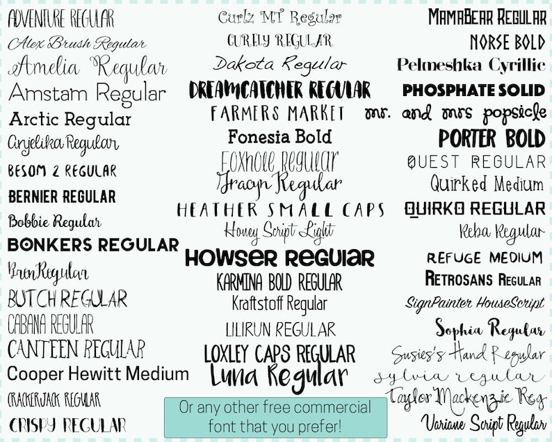 Pode incluir: Uma lista de fontes em texto preto sobre um fundo branco. As fontes est&atilde;o ordenadas alfabeticamente e incluem Adventure Regular, Alex Brush Regular, Amelia Regular, Amstam Regular, Arctic Regular, Anjelika Regular, Besom 2 Regular, Bernier Regular, Bobbie Regular, Bonkers Regular, Bren Regular, Butch Regular, Cabana Regular, Canteen Regular, Cooper Hewitt Medium, Crackerjack Regular, Crispy Regular, Curlz Mi Regular, Curely Regular, Dakota Regular, Dreamcatcher Regular, Farmers Market, Fonesia Bold, Foxhole Regular, Fragyn Regular, Heather Small Caps, Honey Script Light, Howser Regular, Karmina Bold Regular, Kraftstoff Regular, Lilirun Regular, Loxley Caps Regular, Luna Regular, Mamabear Regular, Norse Bold, Pelmeshka Cyrillic, Phosphate Solid, Porter Bold, Quest Regular, Quirked Medium, Quirko Regular, Reba Regular, Refuge Medium, Retrosans Regular, SignPainter HouseScript, Sophia Regular, Susies's Hand Regular, Sylvia Regular, Taylor Mackenzie Reg, Variane Script Regular.