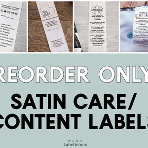 May include: A close-up of three satin care labels with text that reads "Handmade in Canada", "Jen Leigh Designs", and "Labelicious". The labels are white with black text and are on a light blue background.