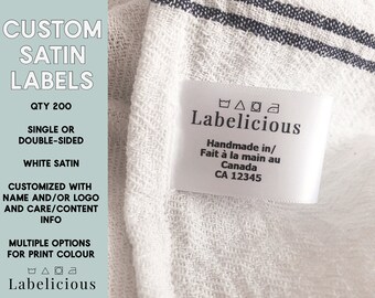 Custom Satin sew-in label - Logo / Name and Content Label - Custom clothing label - Bilingual care and content label -