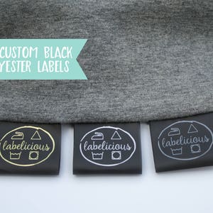 Custom Brand Label Custom black fold over polyester label Fold over label Custom logo labels Sewn into seam Personalized labels image 1