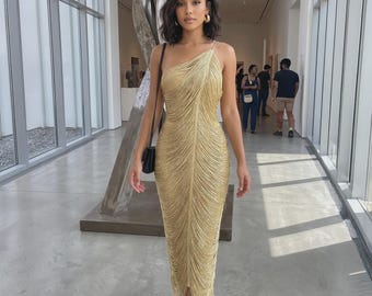 Gold Fringe One Shoulder Midi Dress, Tassel Bodycon Cocktail Party Outfit