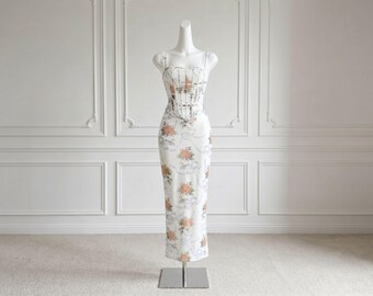 White Floral Corset Midi Dress, Peach Rose Print, Lace Up Back, Romantic Cottagecore Gown