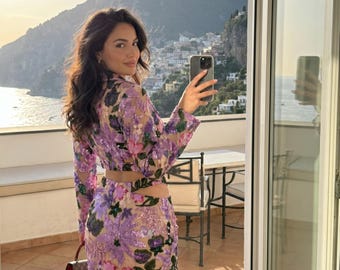 Lilac Floral Sequin Two Piece Set, Embroidered Cutout Mini Skirt, Sparkly Blazer Outfit