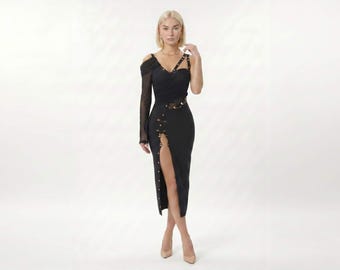 Black Safety Pin Midi Dress, One Shoulder Bandage Dress, Cut Out Bodycon Dress, Asymmetrical Mesh Sleeve Dress, Luxury Evening Party Dress