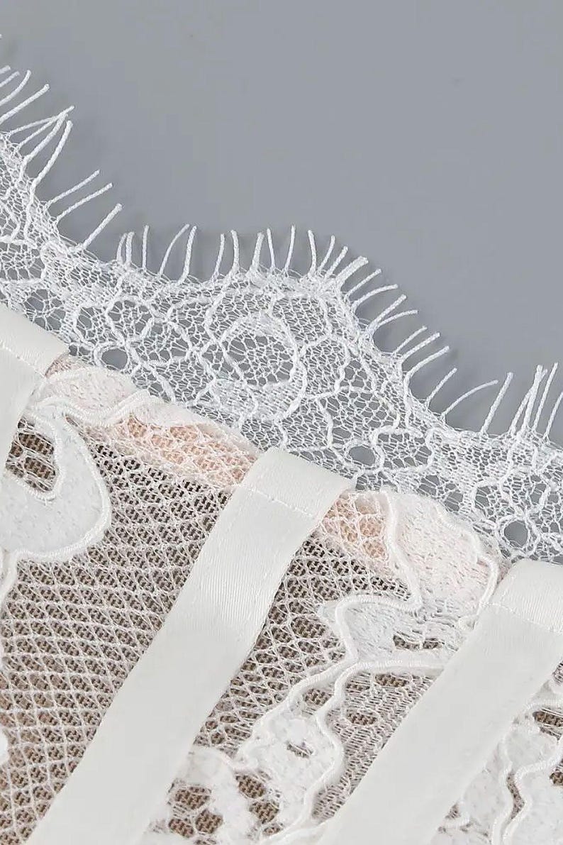May include: Close-up of white lace fabric with a delicate floral pattern and scalloped edges. The image shows a section of a garment, possibly lingerie or a dress, with satin straps. The background is a solid gray.
