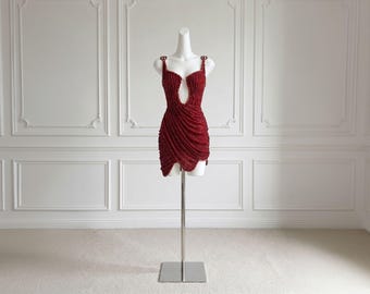 Red Crimson Ruby Rhinestone Ruched Mini Prom Dress: Spaghetti Strap Embellished Sleeveless Party Gown