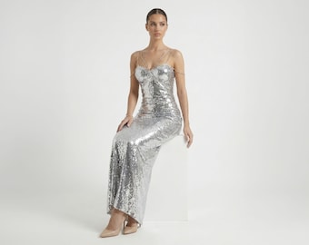 Sparkly Silver Sequin Rhinestone Straps Maxi Dress: Luxury Evening Party Sheath Gown
