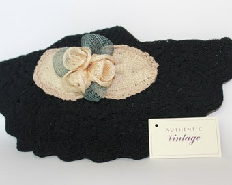 Verna; Late 40’s-50’s black crochet fan shape bag with bamboo handles; rustic burlap and sinamay flower trim