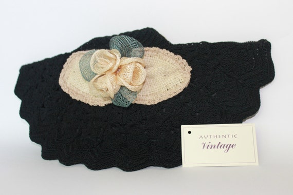 Verna; Late 40’s-50’s black crochet fan shape bag… - image 1