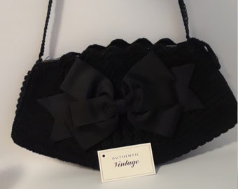 Vivienne, 1940s black vintage handbag, shoulder strap, clutch, bow, pocket, purse, seasonal, wedding, black tie