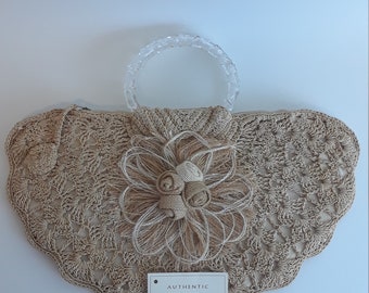 Laurel, WWII 1950s, large handbag, Lucite handles, burlap flower, summer purse