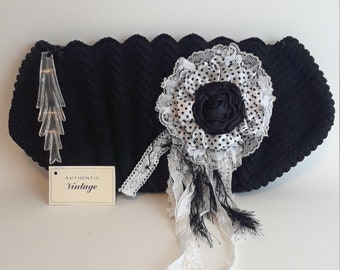 Kiara, WWII 1950s black crochet handbag, summer clutch, shabby chic ribbon, Lucite zipper pull