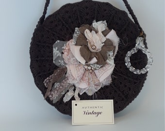 Evelyn Jo 1940s WWII circular crochet handbag, brown, pink, lace, pearls, spring, summer, wedding gift