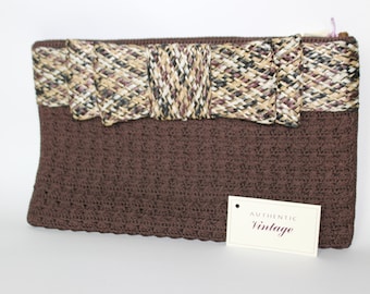 RESERVED....Marla 1940’s chocolate brown hand crochet clutch with Lucite root beer pull; straw belting trim