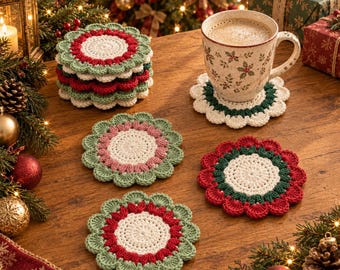 May include: A stack of round crocheted coasters and three individual coasters in red, white, and green, featuring scalloped edges. A ceramic mug with a holly leaf pattern sits on one of the coasters, all arranged on a wooden surface.