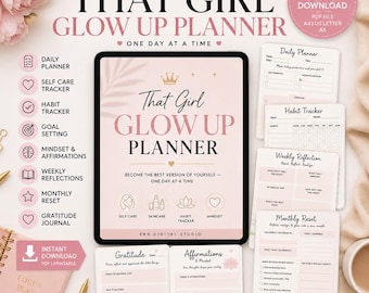 Agenda imprimible That Girl Glow Up, diario de autocuidado de 30 días, registro de hábitos, planificador diario, semanal y mensual estético en PDF.