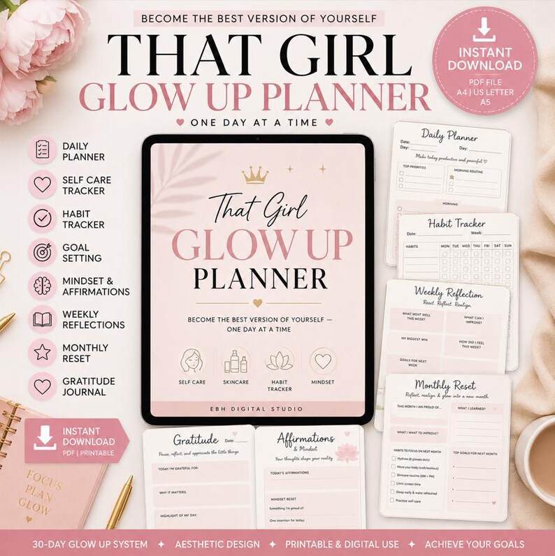 That Girl Glow up Planner Printable, 30 Day Self Care Journal, Habit ...