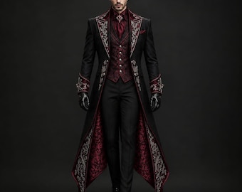 Men’s Black Gothic Tailcoat | Victorian Vampire Costume | Burgundy 4 Piece Suit