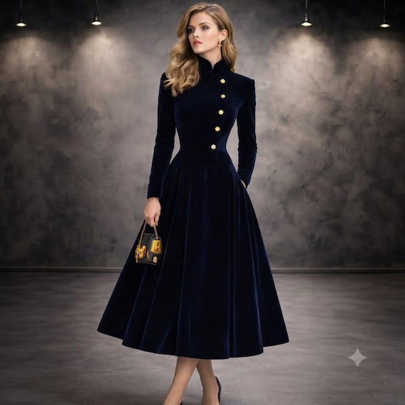 navy dress gold buttons Blue Velvet Midi Dress, Military Buttons, Vintage Flared Gown Category_Dresser & Mirror