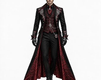 Men’s Black Red Vampire Suit | Gothic Brocade Tailcoat | Victorian Halloween Costume