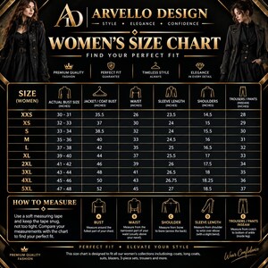 May include: A black and gold Arvello Design size chart for clothing, featuring a table with columns for bust, waist, sleeve length, shoulders, and trouser inseam measurements in inches, alongside instructions on how to measure for a proper fit.