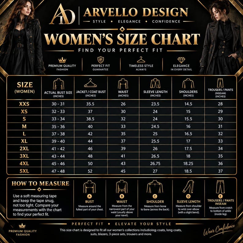 May include: A black and gold Arvello Design size chart for clothing, featuring a table with columns for bust, waist, sleeve length, shoulders, and trouser inseam measurements in inches, alongside instructions on how to measure for a proper fit.