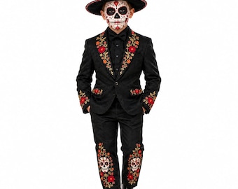 Kids Day of the Dead Suit | Sugar Skull Tuxedo Costume | Embroidered Black Blazer & Pants | Gothic Halloween Outfit