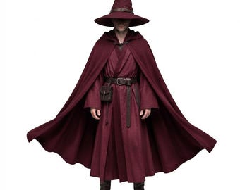 Men's Medieval Mage Robe | Hooded Fantasy Cloak | Renaissance LARP Sorcerer Outfit