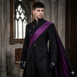 May include: A black high-collar jacket with a diagonal front closure featuring silver cross-shaped buttons. A wide purple sash drapes across the chest, extending into a long cape with a purple lining. The outfit includes black trousers and gloves.