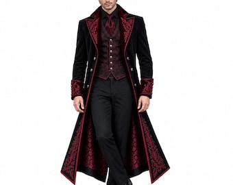 Men’s Black Gothic Vampire Suit | Victorian Halloween Tailcoat | 4 Piece Costume Set