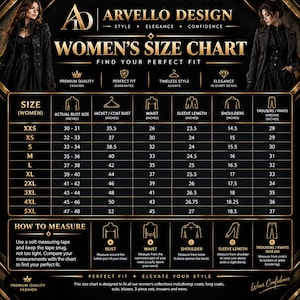 May include: A black and gold Arvello Design size chart for clothing, featuring a table with columns for bust, waist, sleeve length, shoulders, and trouser inseam measurements in inches, alongside instructions on how to measure for a proper fit.
