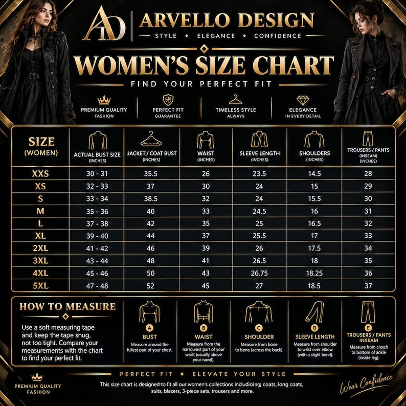 May include: A black and gold Arvello Design size chart for clothing, featuring a table with columns for bust, waist, sleeve length, shoulders, and trouser inseam measurements in inches, alongside instructions on how to measure for a proper fit.