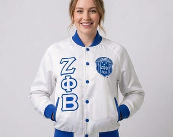 Zeta Phi Beta White Satin Bomber Jacket Blue Trim Greek Letter Varsity Style