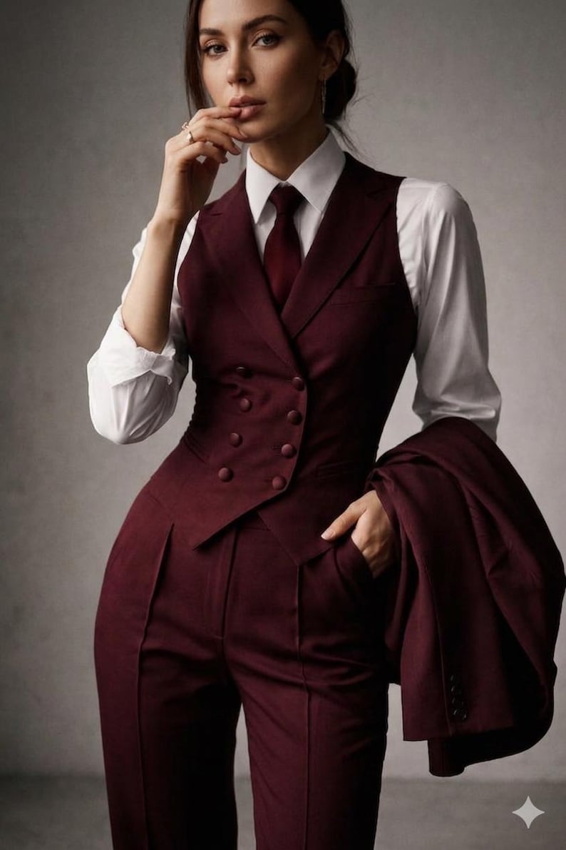 May include: A deep burgundy double-breasted waistcoat with matching tailored trousers and a white long-sleeved button-down shirt. A matching burgundy necktie is worn with the shirt, and a coordinating burgundy blazer is held in one hand.